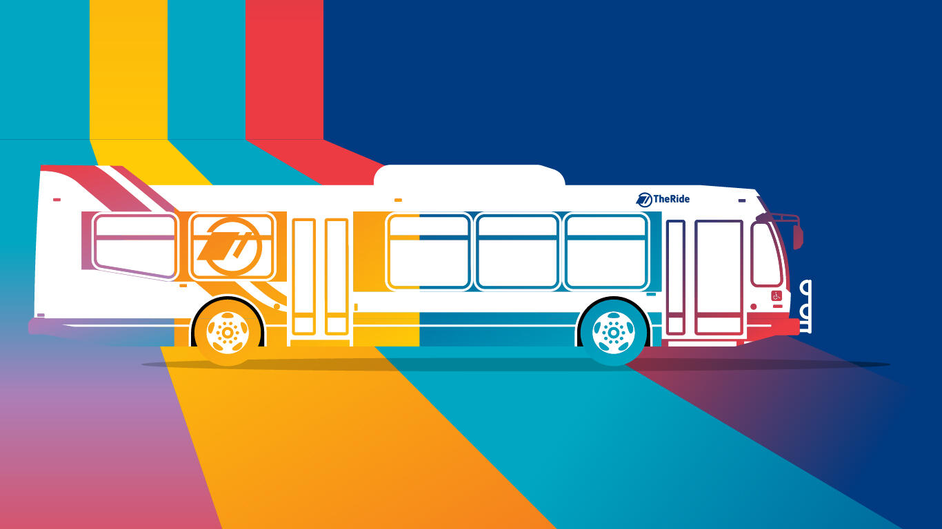 Illustration of a bus in front of a colorful striped background